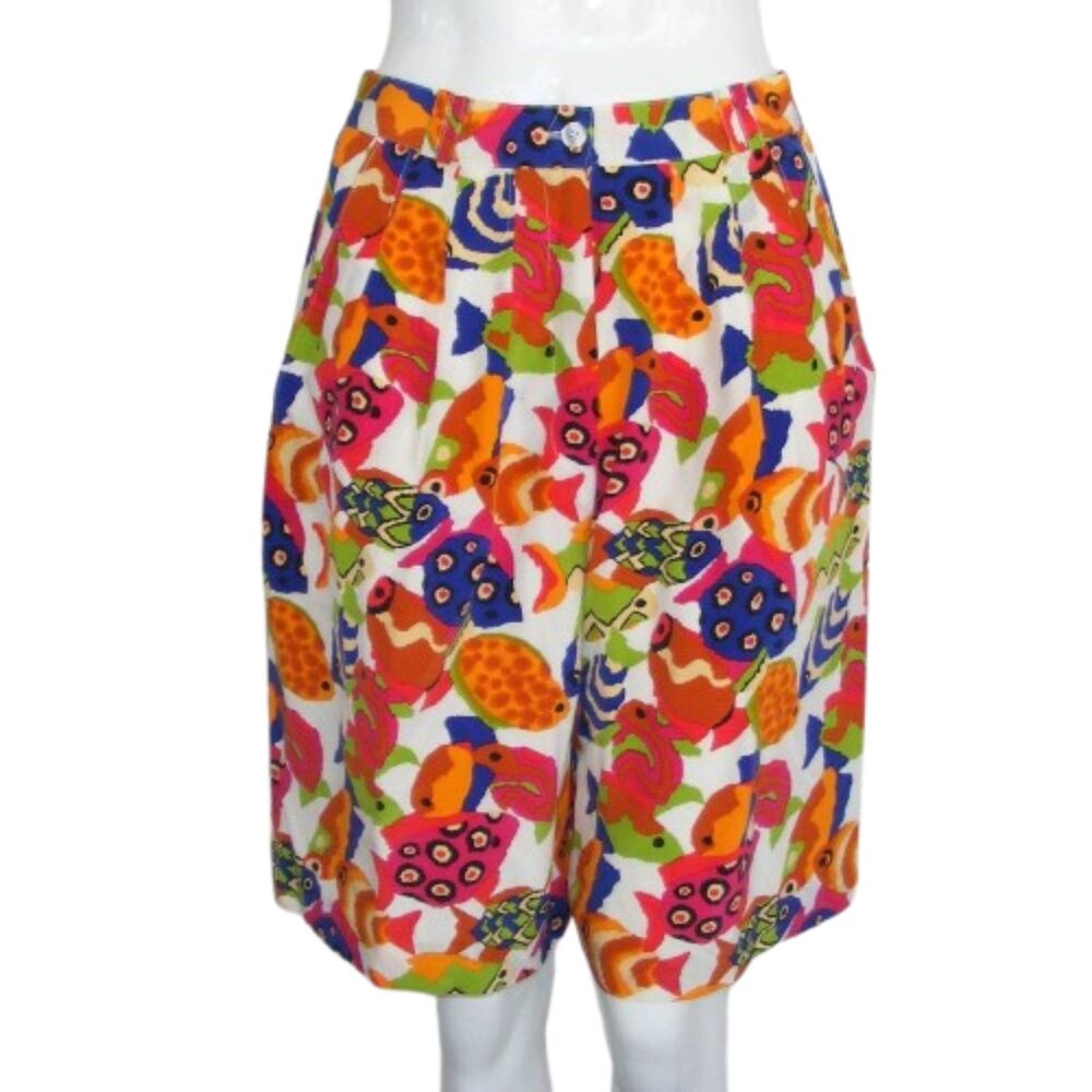 Vintage Silk Shorts, S/28" Bright Fish, High waist, Billy Kidd